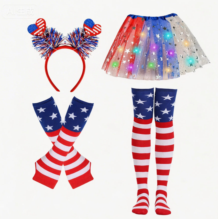 Women's patriotic carnival costume set with layered tulle skirt elastic waistband bow hairband thigh-high stockings and arm warmers Kalsten