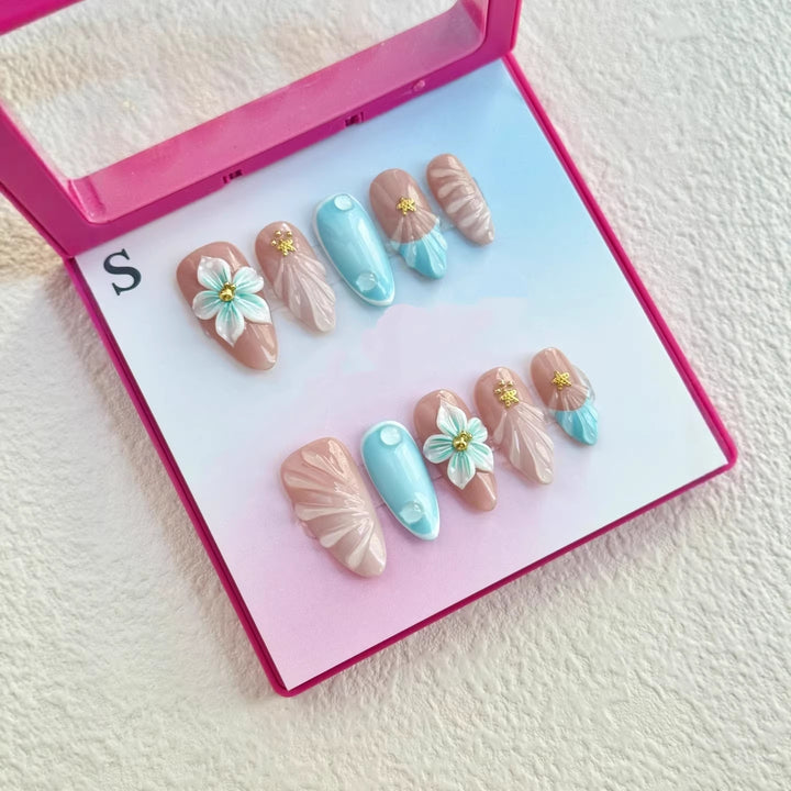 Artistic Press-On Nail Set with Floral and Gem Accents  1791774122