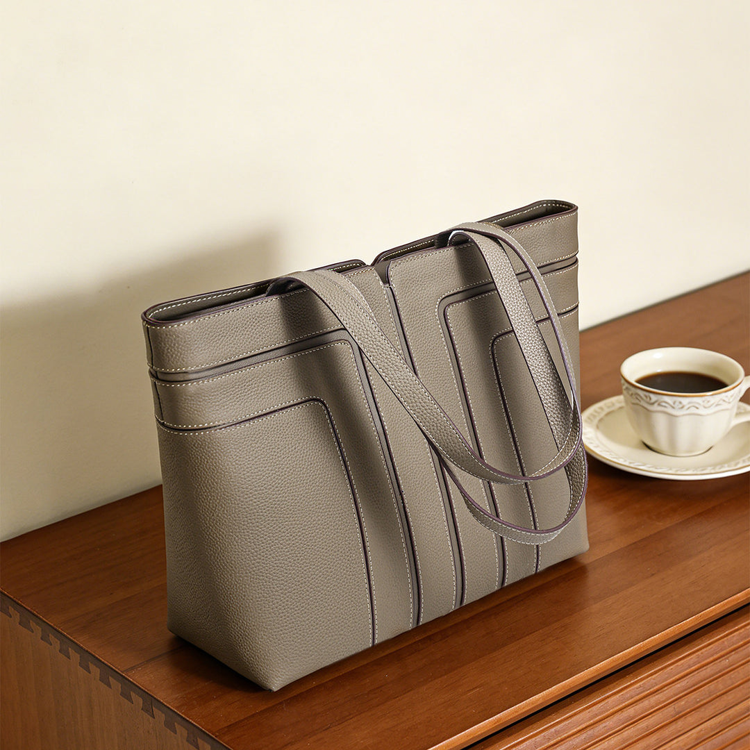Structured Vertical-Panel Pebbled Tote Bag