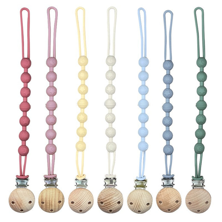 Silicone Beaded Pacifier Clip with Wooden Safety Clamp