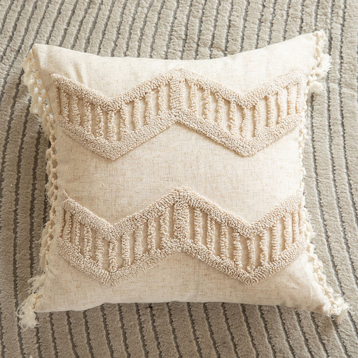 Square Tufted Diamond Macramé Accent Pillow with Knotted Tassel Corners and Removable Zip Cover
