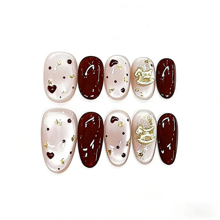 Decorative Press-On Nail Set with Heart and Gold Accents Kalsten