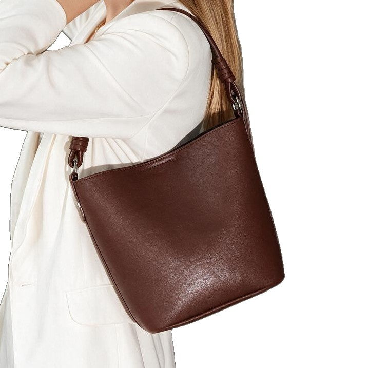 Structured Leather Shoulder Bucket Bag with Knotted Strap