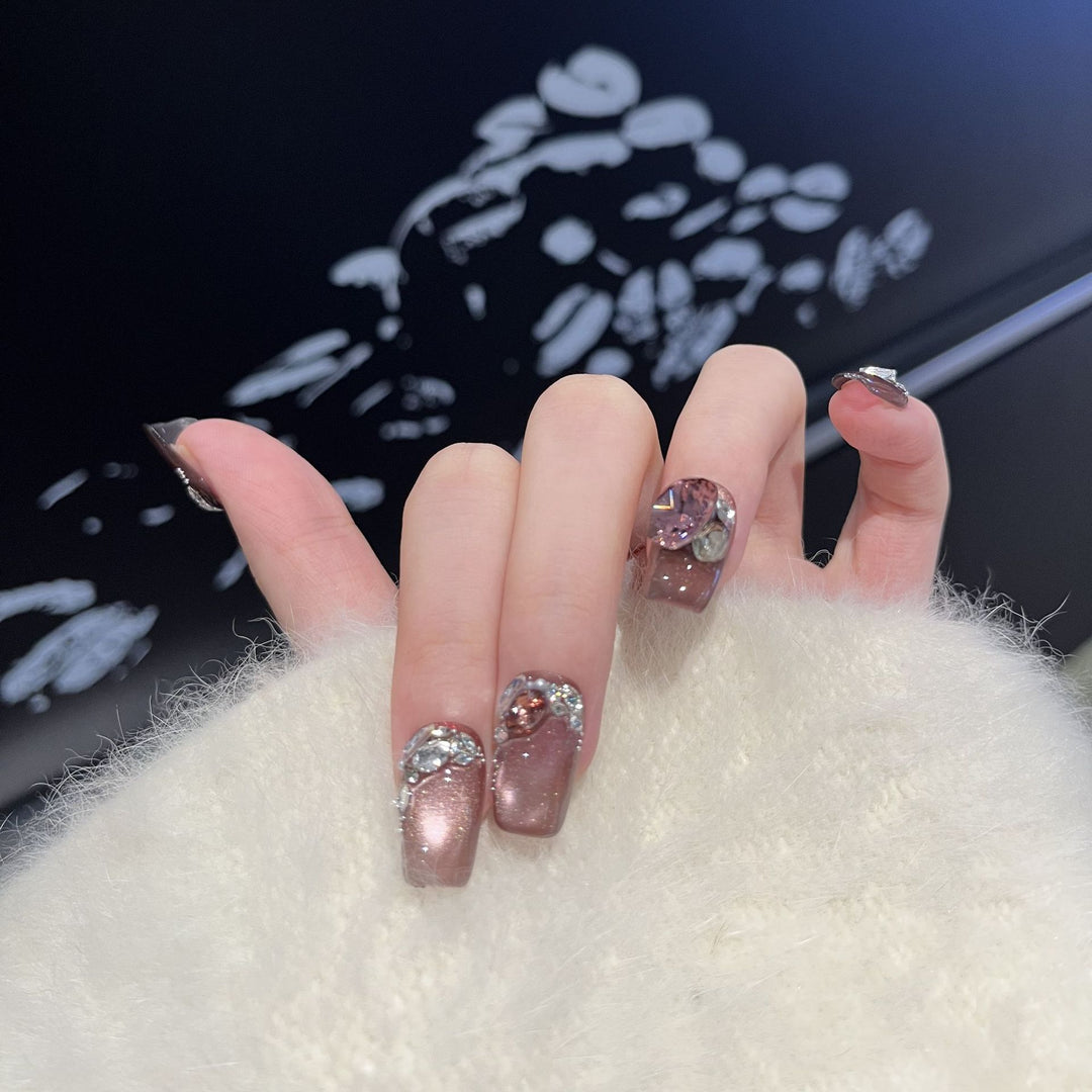 Decorative Press-On Nail Design with Gemstone Accents Kalsten
