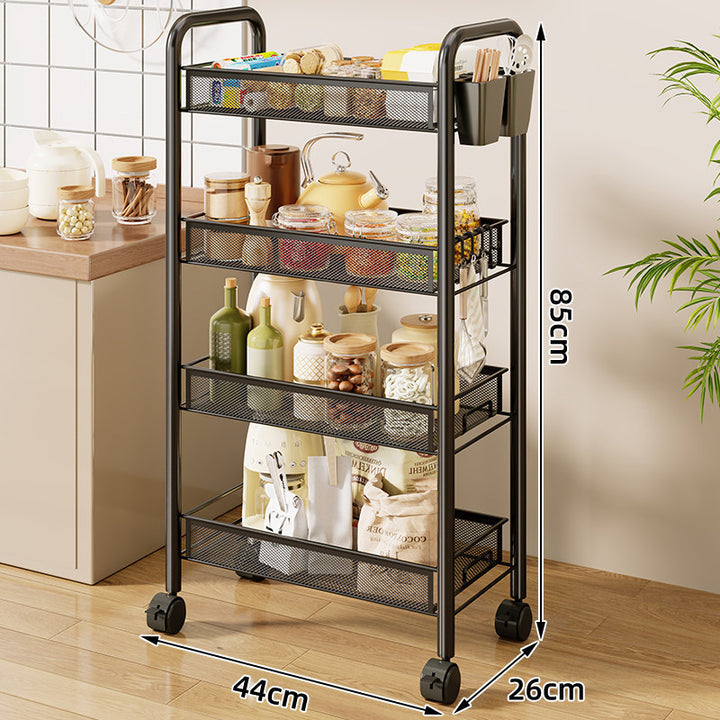 Three-Tier Rolling Mesh Kitchen Storage Cart with Side Utensil Caddy and Locking Casters