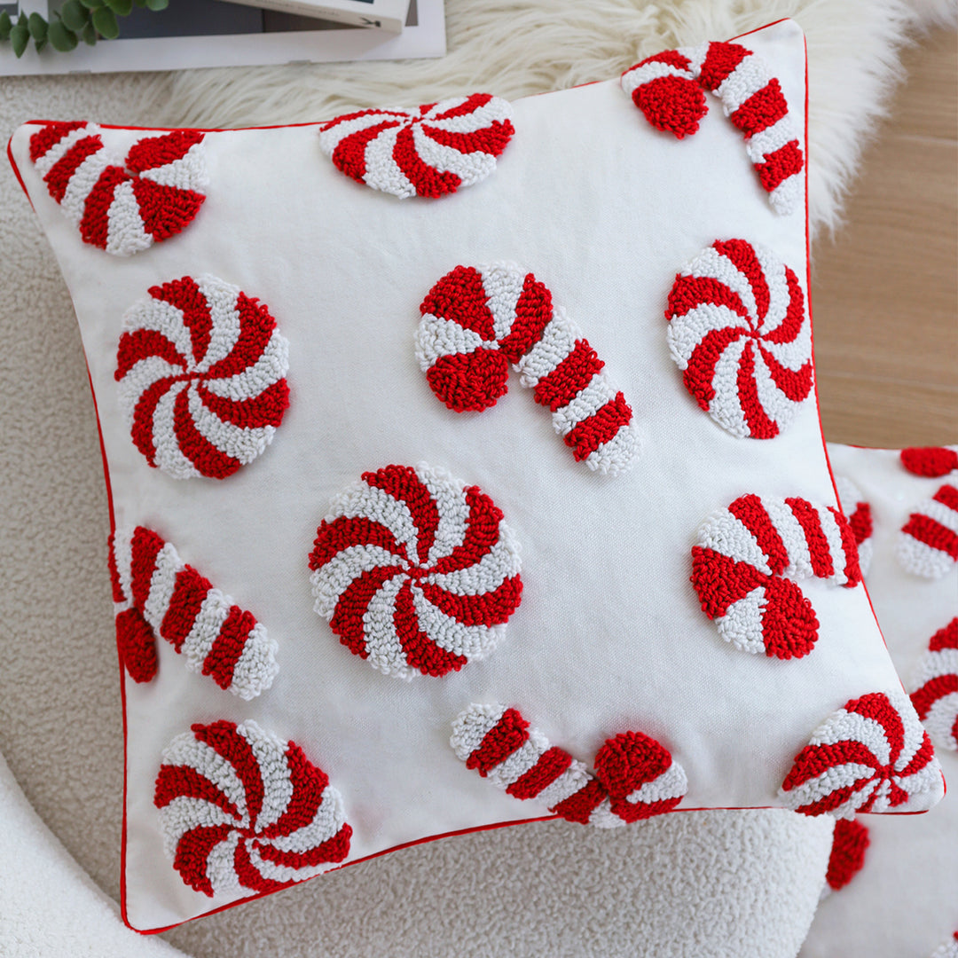 Square cushion cover with hand-tufted candy appliqués made of cotton-linen blend Kalsten