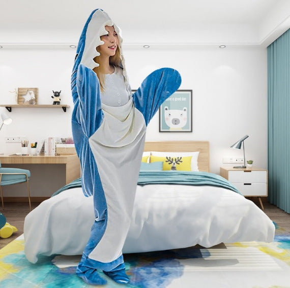 Plush Hooded Shark Wearable Sleeping Bag With Fleece Flannel Lining And 3D Tail