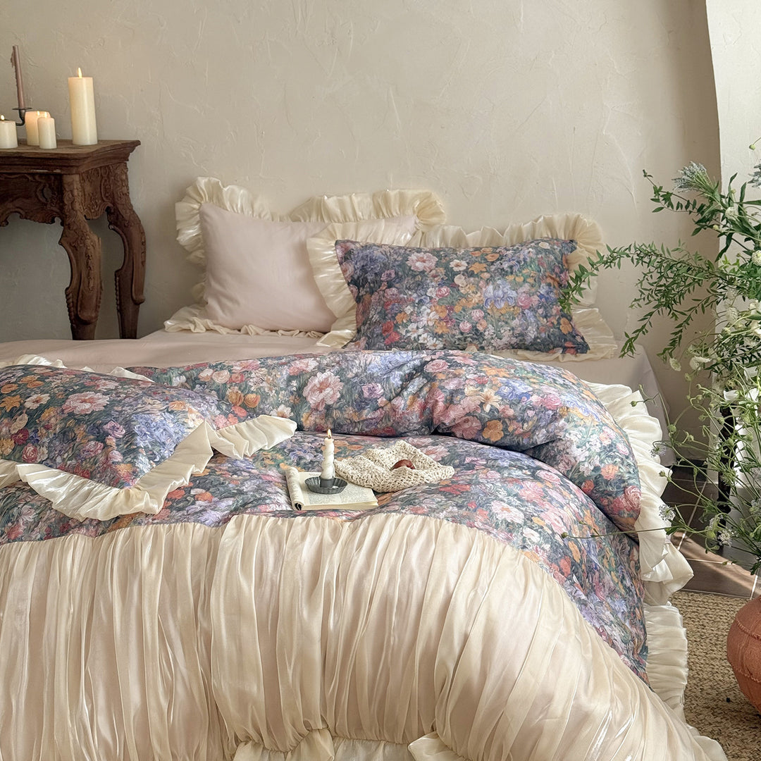 Romantic bedding set with floral center panel and pleated satin ruffle