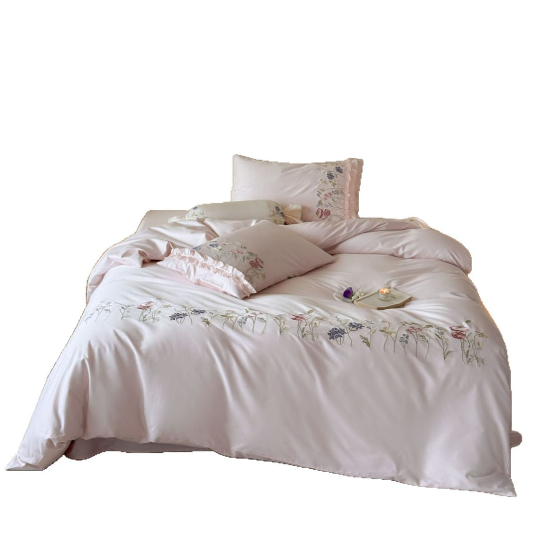 Embroidered duvet cover set with fine floral trim and soft satin feel