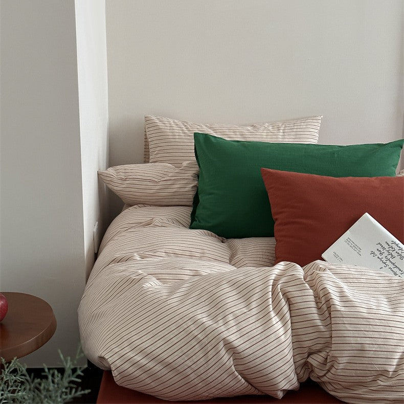 Striped cotton-linen bedding set with breathable, softly washed surface and zipper