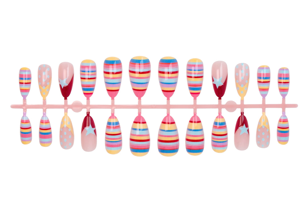 Artificial nail set with colorful stripes and creative designs Kalsten