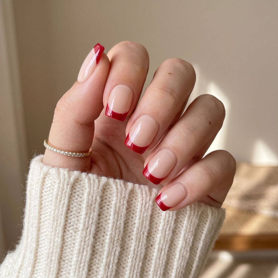 French Tip Nail Art with Elegant Red Accents Kalsten