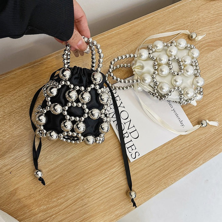 Decorative Pearl-Embellished Mini Drawstring Handbag