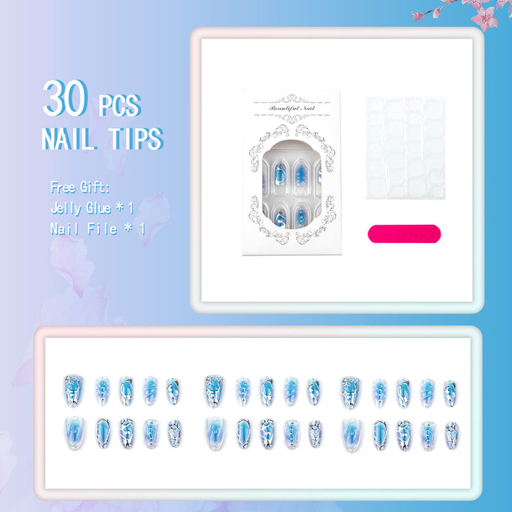 Premium Artistic Press-On Nail Set with Silver and Blue Designs