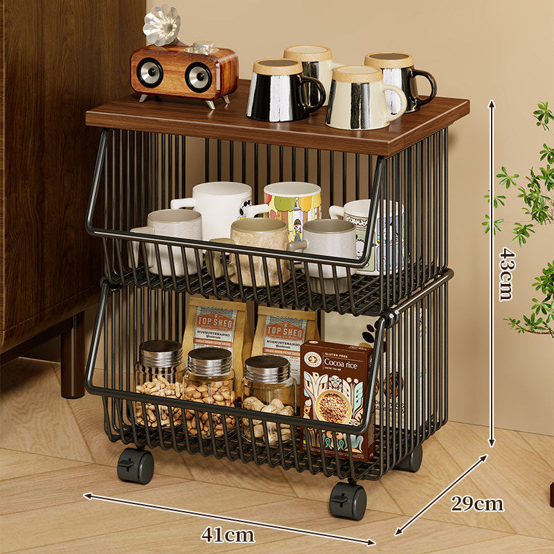 Mobile Four-Tier Kitchen Pantry Organizer Cart with Wood Top and Rolling Wire Baskets