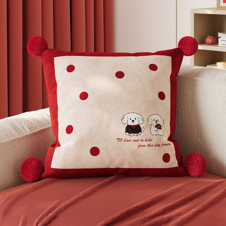 Polka Dot Bouclé Cushion Cover with Faux-Fur Pom-Pom Corners and Gift Bow Motif