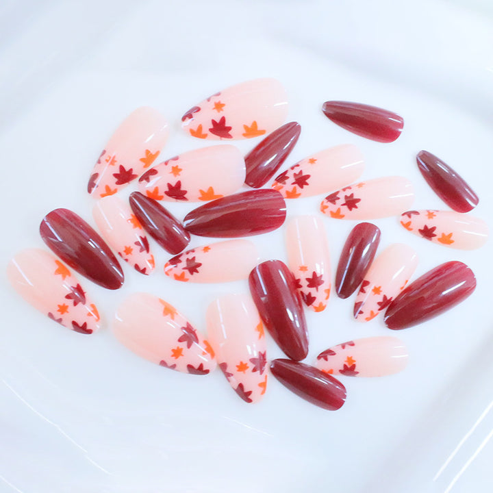 Fall-Inspired Glossy Almond-Shaped Nail Art Enhancements Kalsten
