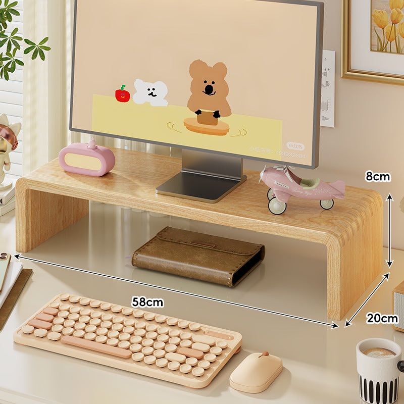 Wide Solid Wood Curved Desktop Monitor Stand Riser with Under-Shelf Storage