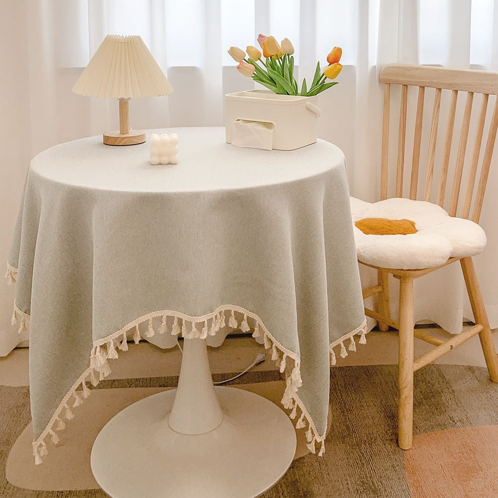 Round Textured Tassel-Trim Tablecloth with Linen-Feel Draped Finish