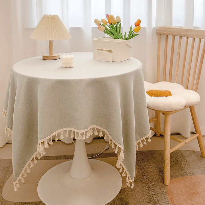 Round Textured Tassel-Trim Tablecloth with Linen-Feel Draped Finish