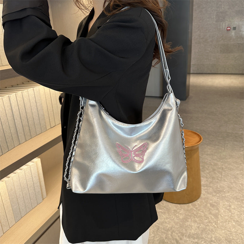 Butterfly-Embroidered Slouchy Handbag