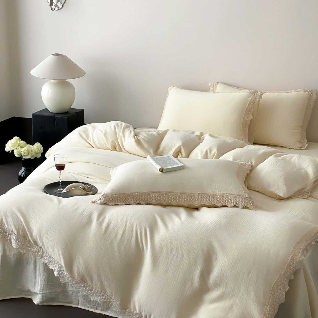 Linen-Cotton Duvet Cover Set with Crochet Lace Edge and Washed Finish