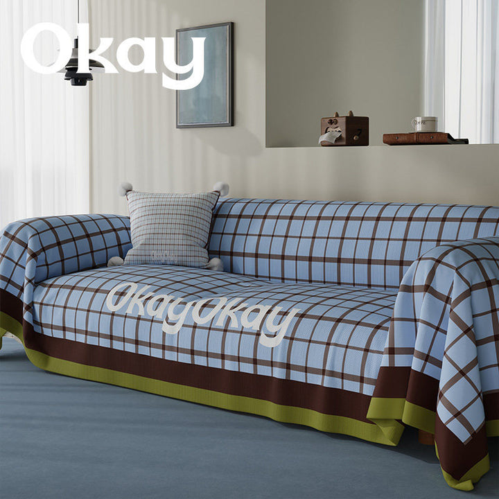 Reversible Plaid-Trim Sofa Slipcover and Throw Blanket Set