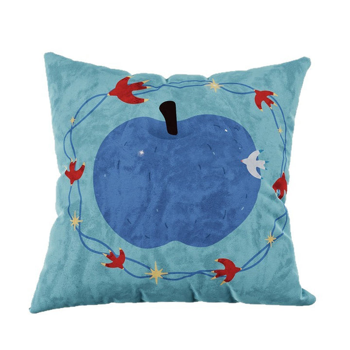 Decorative Velvet Square Throw Pillow with Illustrated Apple & Swallow Motif