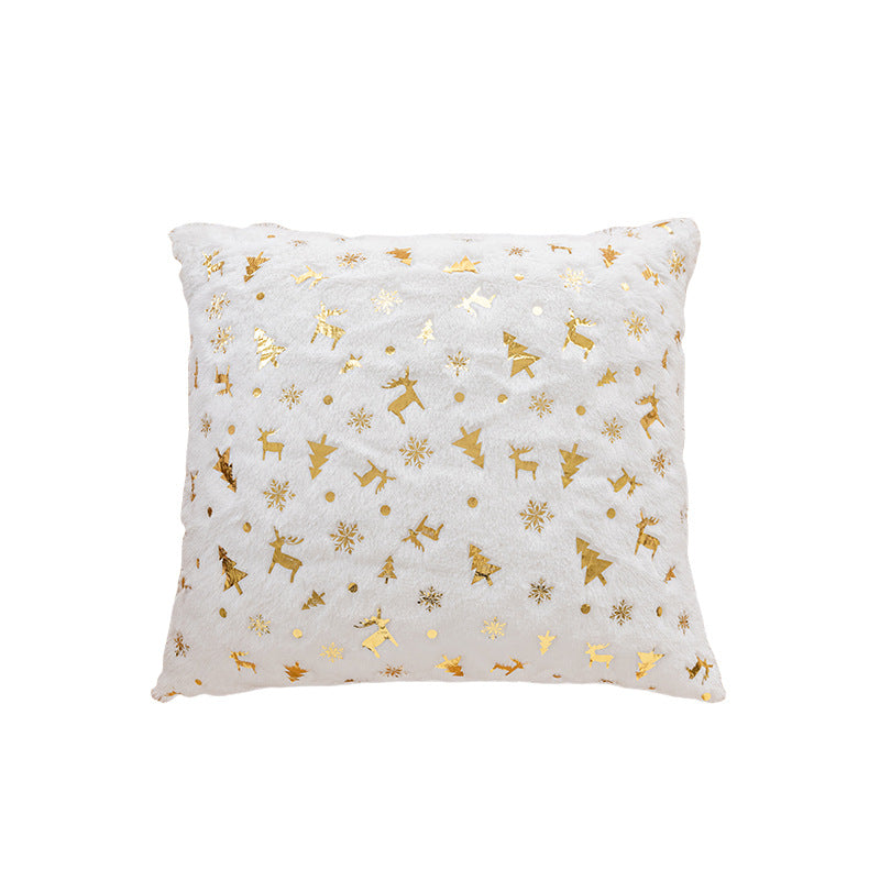 Holiday Faux Fur Decorative Throw Pillow with Foil Reindeer & Tree Print Plush Square Accent Cushion