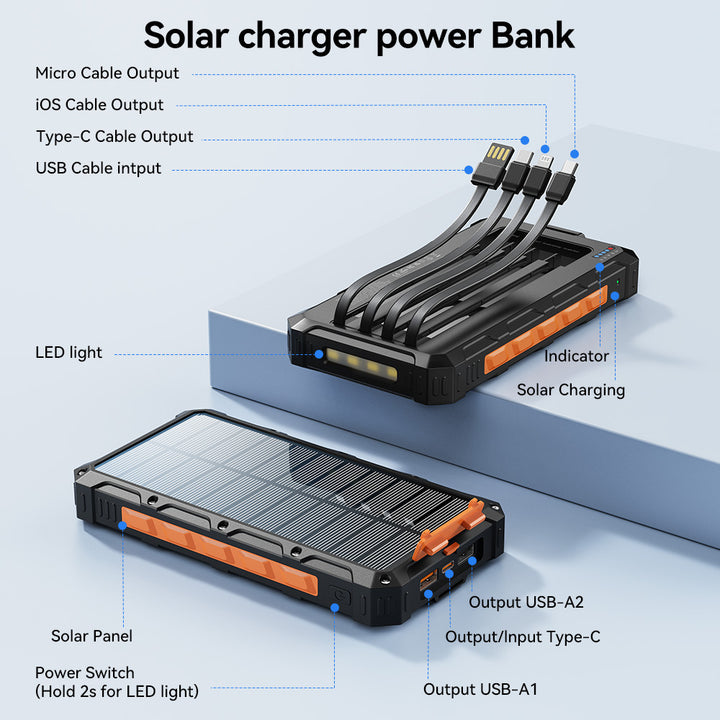 Solar Power Bank with Integrated Charging Cables and Robust Housing Kalsten
