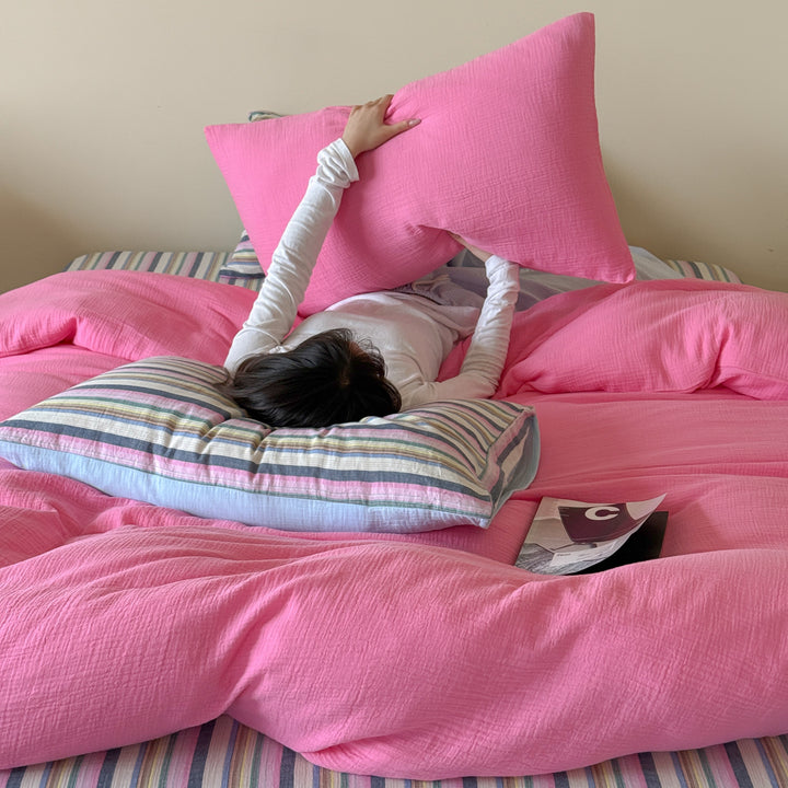 Organic Cotton Duvet Cover Set with Striped Pillowcases and Structured Crinkle Look