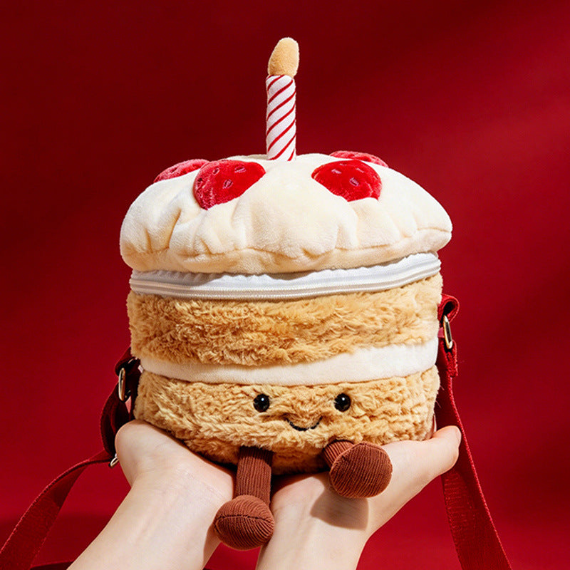 Plush Layered Cake Crossbody Bag with Strawberry Appliques & Candle Topper Kalsten