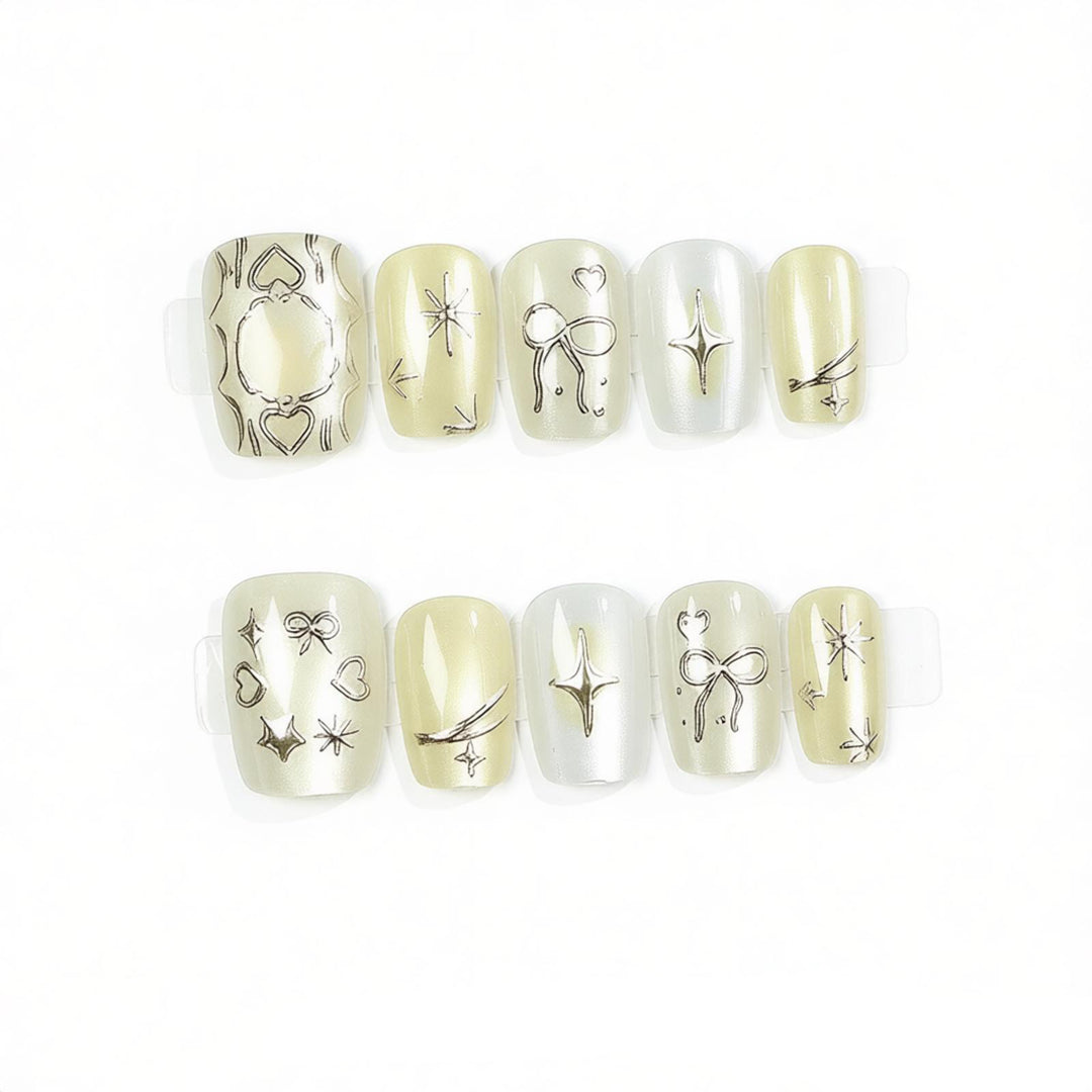 Creative Press-On Nail Art Set with Unique Silver Patterns Kalsten