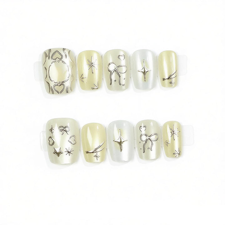 Creative Press-On Nail Art Set with Unique Silver Patterns Kalsten