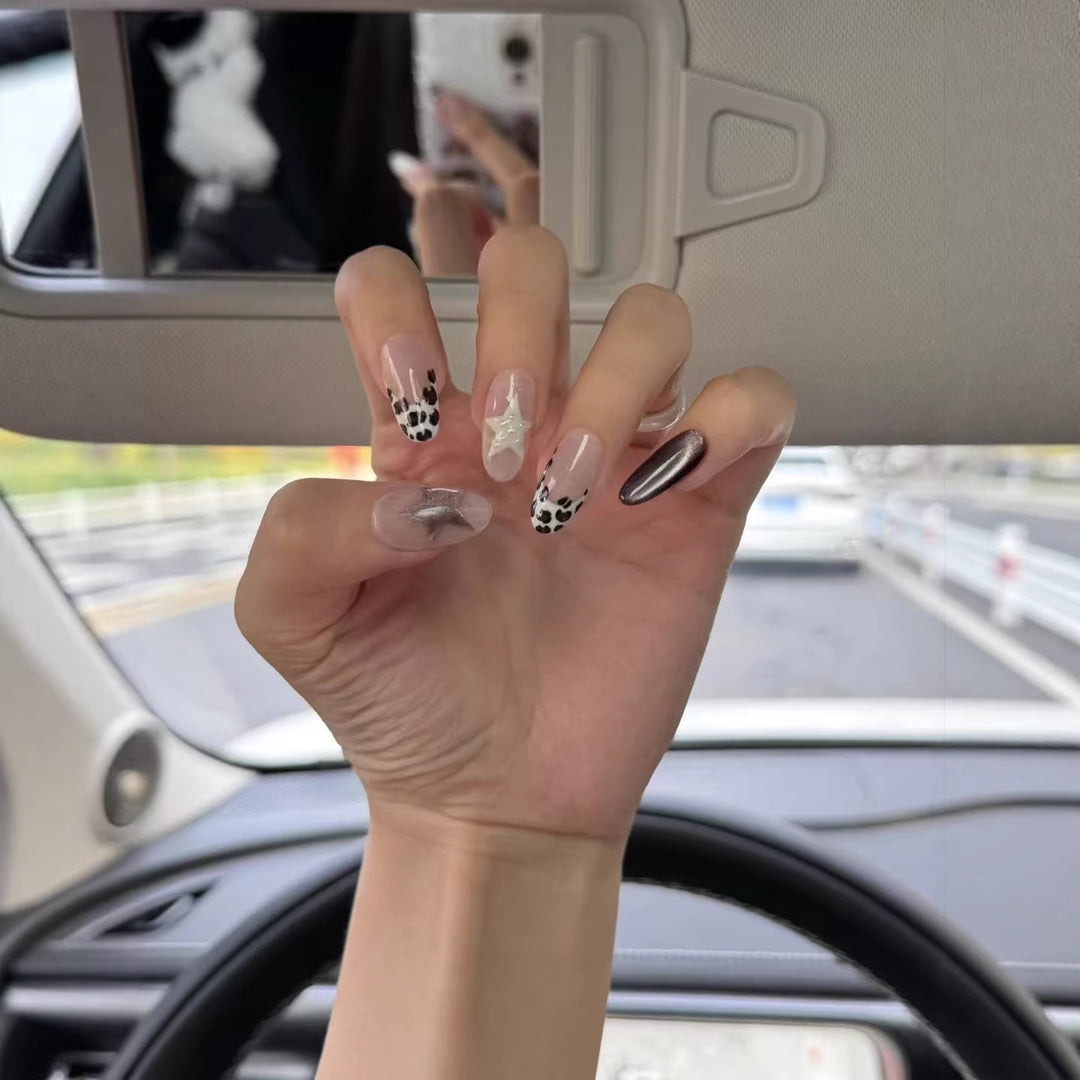 Artistic Press-On Nail Art Set with Star and Animal Prints