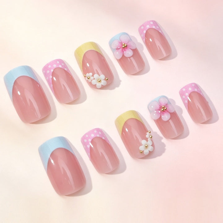 Acrylic nail set with floral accents and colorful tips Kalsten