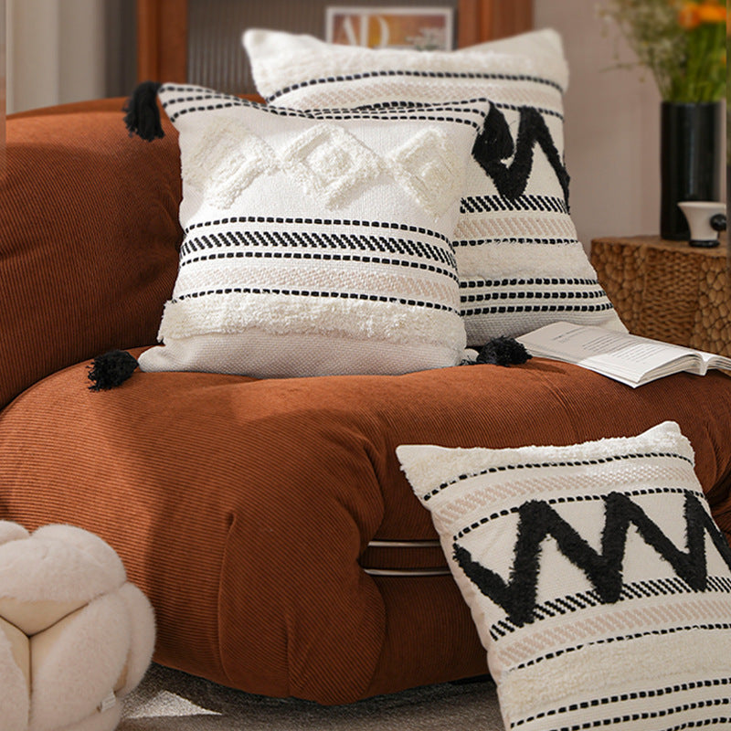 Rectangular Woven Lumbar Decorative Pillow with Tufted Diamonds and Tassels