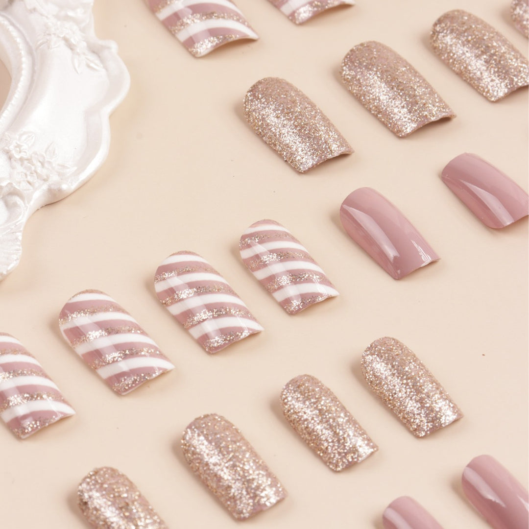 Glamorous Glitter and Striped Press-On Nail Art Kalsten