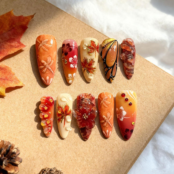 Artistic Autumn-Inspired Press-On Nail Art Set Kalsten