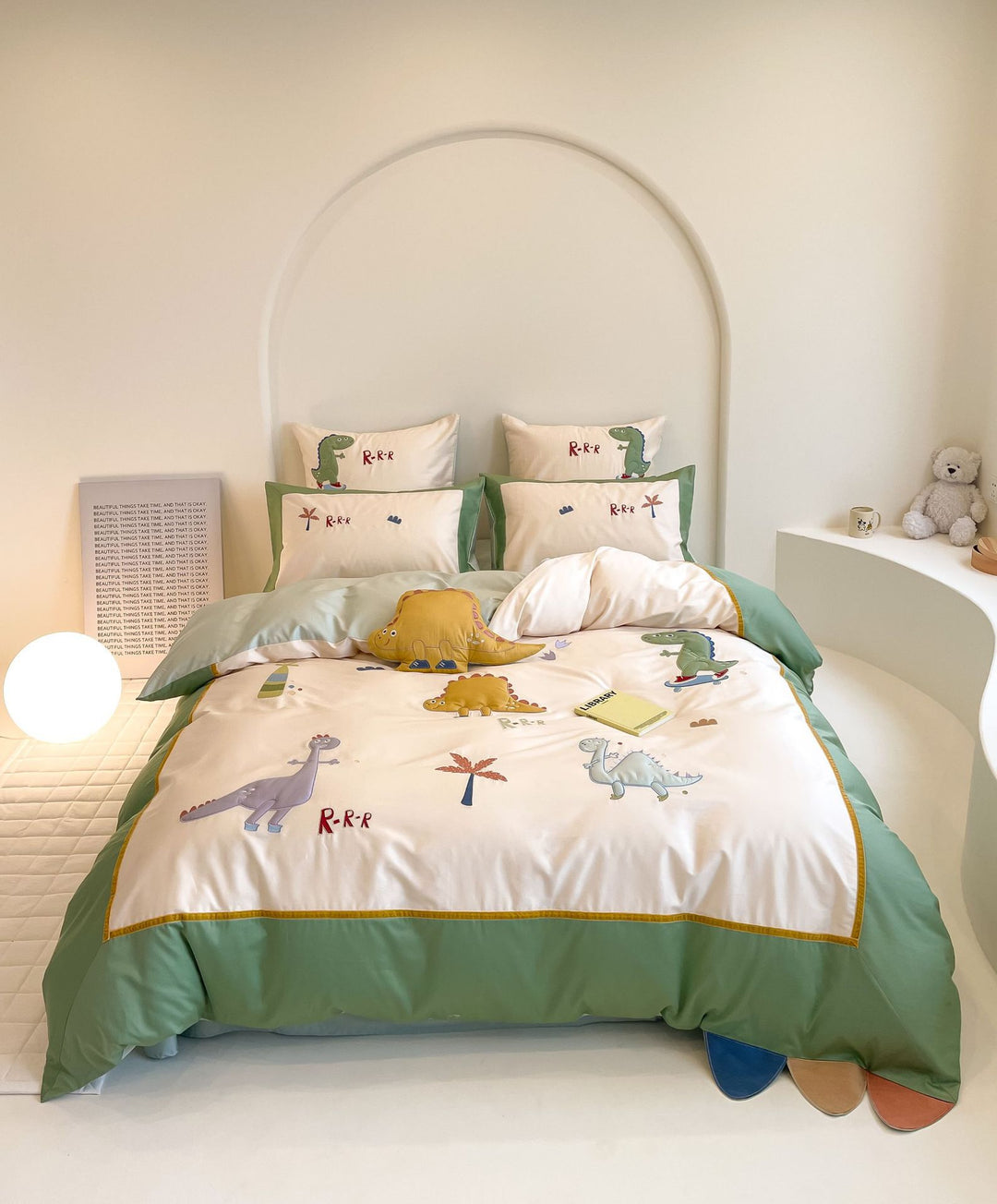 Children's bedding set with ruffles, embroidered cartoon appliqués and soft cotton satin