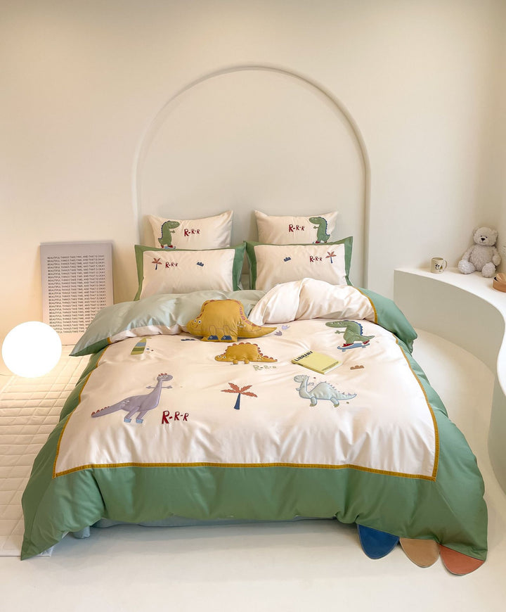 Children's bedding set with ruffles, embroidered cartoon appliqués and soft cotton satin
