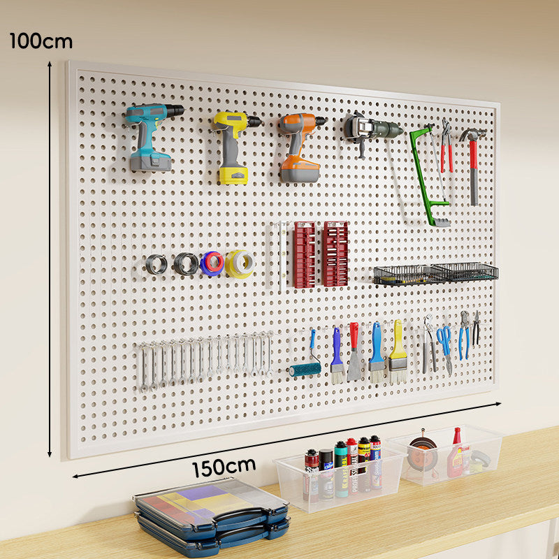 Wall-Mounted Perforated Metal Tool Pegboard Organizer Panel with Modular Hooks and Wire Baskets