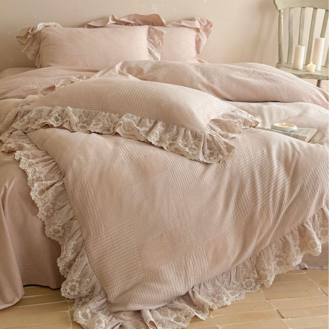 Cotton waffle bedding with floral lace ruffle and wavy hem