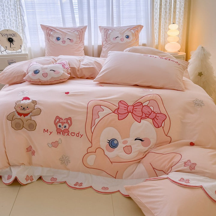 Playful children's bedding set with embroidered cat appliqué and cuddle pillow