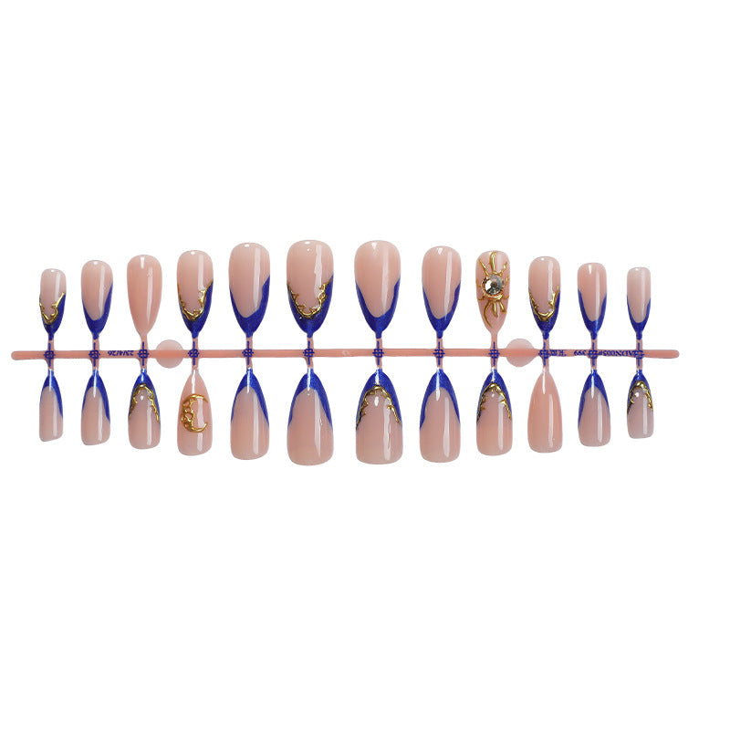 Premium Decorative Press-On Nail Set with Gold and Blue Accent Designs Kalsten