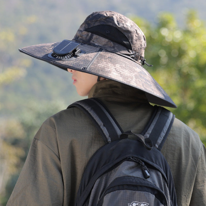 Wide-brimmed outdoor sun hat with solar-powered micro fan, breathable mesh and adjustable chin strap Kalsten