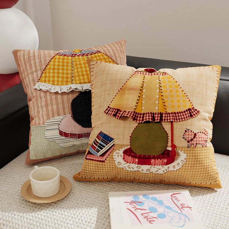 Decorative Gingham Embroidered Pear Appliqué Throw Pillow Cover