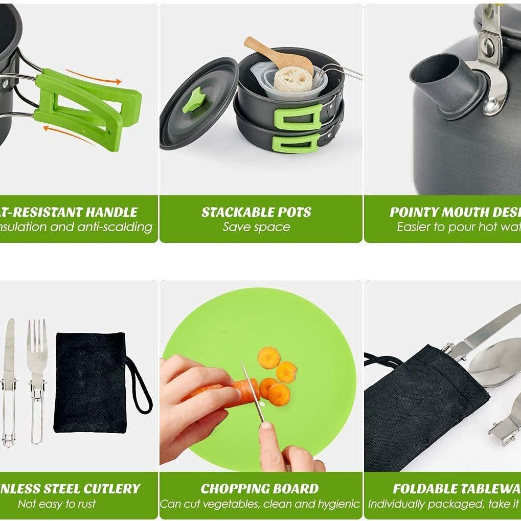 lightweight non-stick camping cookware set with folding handles kettle pot pan utensils and mesh carry bag Kalsten