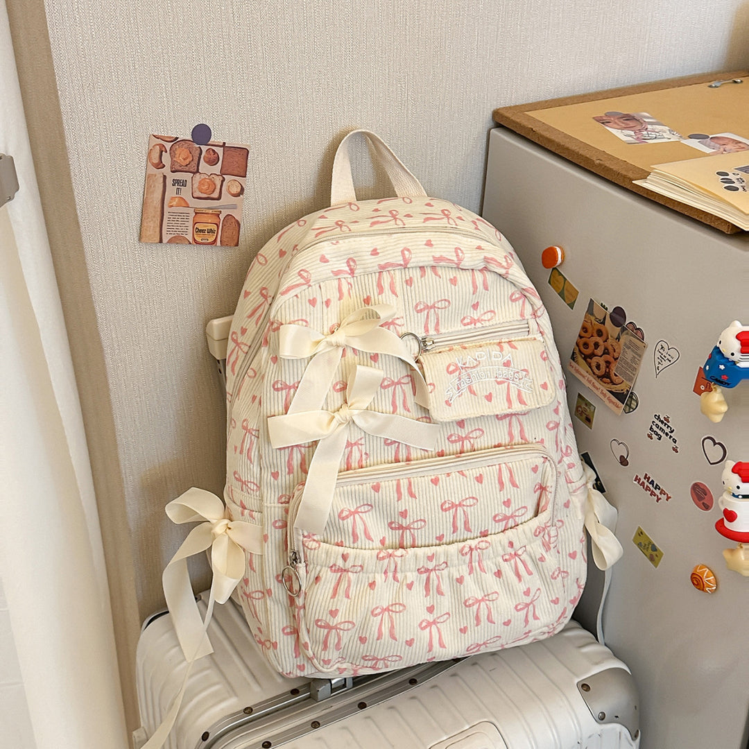 Playful Bow-Embellished Corduroy Backpack Kalsten
