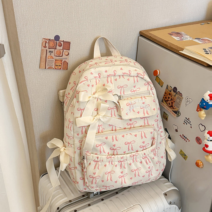Playful Bow-Embellished Corduroy Backpack Kalsten